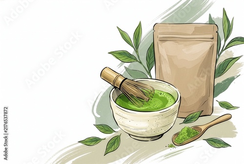 Hand-drawn matcha tea preparation illustration with bowl, bamboo whisk and tea leaves, designed for modern café, packaging and wellness concepts.
