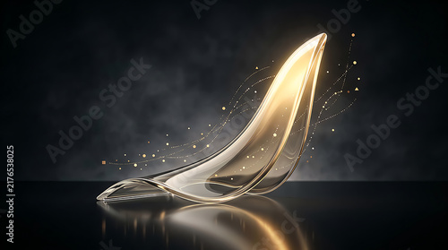 Abstract golden glass wave shape with glowing particles on a dark background