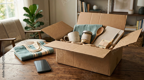 Open cardboard delivery box with home items inside sitting on a wooden table in a living room