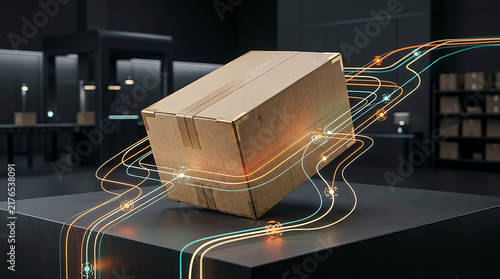 Cardboard delivery box with glowing digital lines showing logistics and supply chain flow