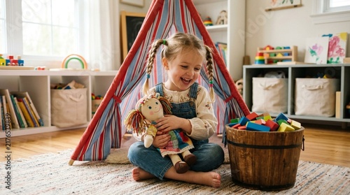 Playful young girl with pigtails holding a soft fabric doll, sitting beside a red striped teepee tent and wooden bucket of colorful toys in bright playroom