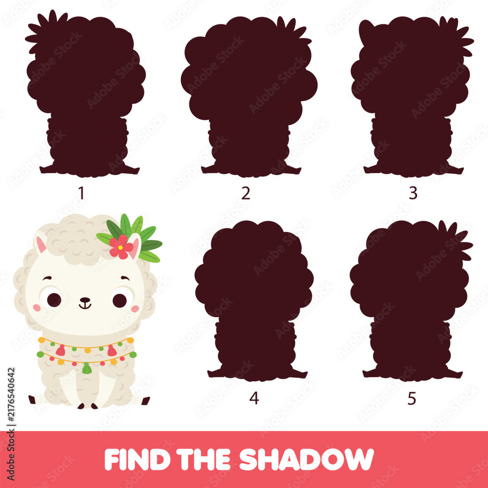 Obraz premium Shadow matching game. Kids activity with cartoon alpaca. Find silhouette page for toddlers