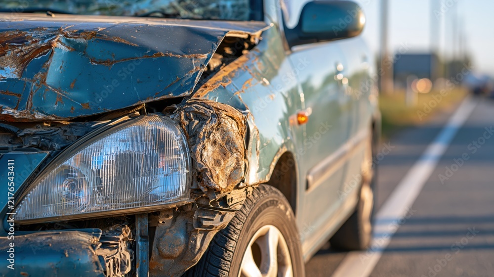 Fototapeta premium Front damage of crashed car with smashed hood and headlight on road