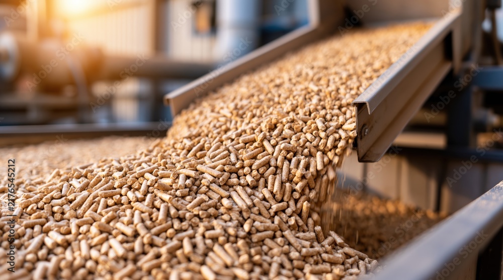 Obraz premium Wood pellets falling from industrial chute into pile