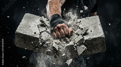 Powerful clenched human fist smashing through thick gray concrete slab, shattering it into fragments and pale dust suspended mid-air, dramatic dark background, strength and destruction concept