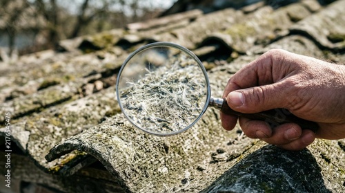 Close-up of male hand holding magnifying glass over weathered asbestos roof, inspecting fibrous textured surface with sunlight highlights, hazardous material examination concept