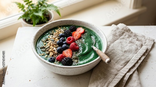 Close-up of vibrant green spirulina smoothie bowl topped with fresh berries, blackberries, blueberries, raspberries, strawberry slices, seeds, and granola on white table with linen napkin and fern