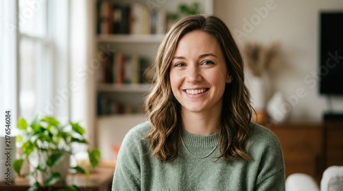 Head-and-shoulders portrait of a smiling young woman with shoulder-length brown hair wearing a sage green sweater in a bright, cozy living room interior with bookshelves and houseplant