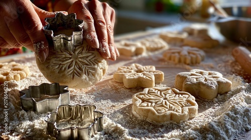 Hands shaping dough with snowflake cookie cutters on a floured surface, creating festive holiday cookies in warm, natural light.