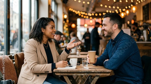 Cheerful multiracial couple chatting over coffee in cozy cafe, man holding takeaway cup, woman in beige blazer gesturing warmly at wooden table with festive bokeh lights