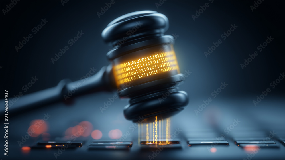 Obraz premium A gavel marked with binary code represents digital law and regulatory authority in modern technology. 
