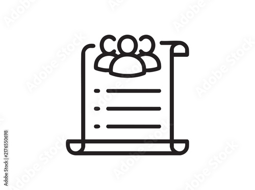 black vector line art icon of people on a document featuring profile, silhouette, group