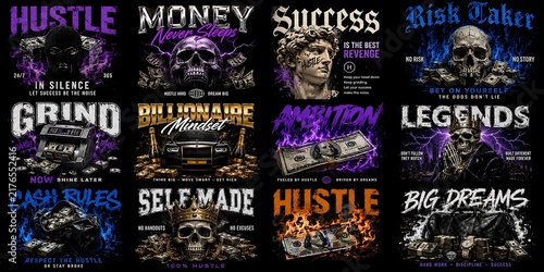Streetwear hustle t-shirt designs, urban motivation graphics with skulls and money, 12 streetwear apparel prints for entrepreneur mindset