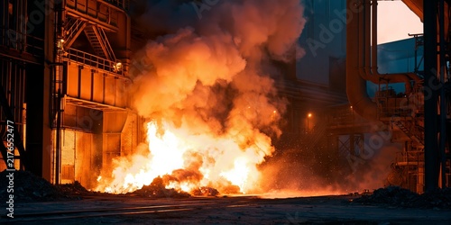 Dramatic industrial fire engulfing a factory floor with thick smoke rising against metal beams and pipes.