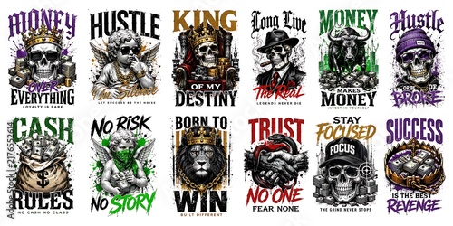 Urban streetwear t-shirt designs, set of 12 hustle and money themed illustrations, skull and angel character graphics for apparel