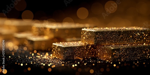 Stacked gold bars covered in sparkling glitter against a dark background with warm bokeh lights creating a luxurious atmosphere.