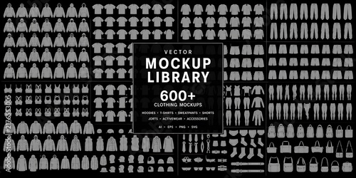 Vector clothing mockup library, 600 plus apparel flat sketches. Fashion garment technical drawings, streetwear design templates for tech packs.