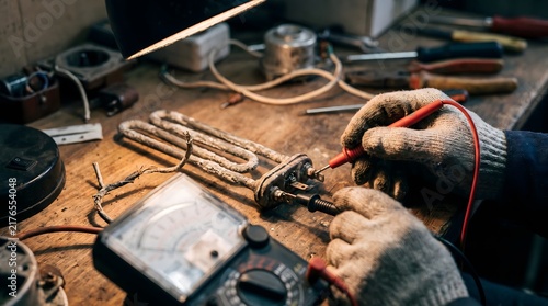 Obraz na płótnie Technician measuring calcified heating element with multimeter tester