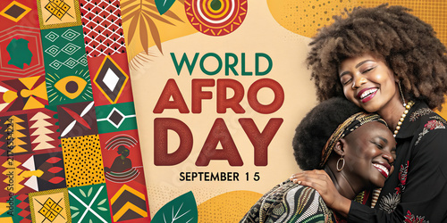 World Afro Day Celebration Poster with Four Black Women and African Inspired Patterns