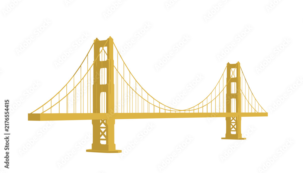 Fototapeta premium Golden colored wireframe architectural illustration depicts the iconic structure of the Golden Gate Bridge isolated against white background.
