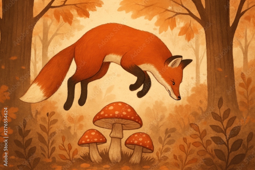 Fototapeta premium Fox leaping over mushrooms