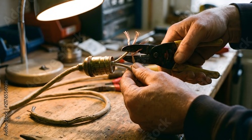 Hands using pliers to strip electrical wire at workbench