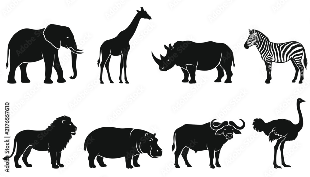 Obraz premium Silhouettes of African safari animals including an elephant, giraffe, rhinoceros, zebra, lion, hippopotamus, buffalo, and ostrich arranged neatly.