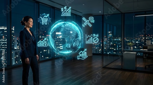 Businesswoman stands before a glowing holographic globe with financial icons in a corporate boardroom.