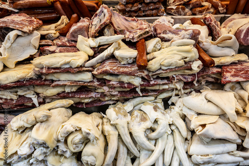 Salted and dry jerked beef  on display on market stall in Sao Paulo, Brazil