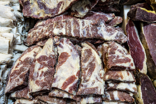 Salted and dry jerked beef  on display on market stall in Sao Paulo, Brazil