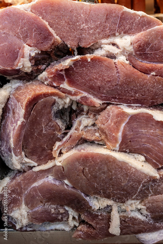 Salted and dry jerked beef  on display on market stall in Sao Paulo, Brazil