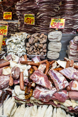 Salted and dry jerked beef  on display on market stall in Sao Paulo, Brazil