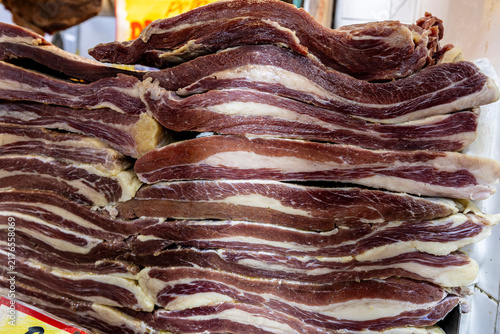 Salted and dry jerked beef  on display on market stall in Sao Paulo, Brazil