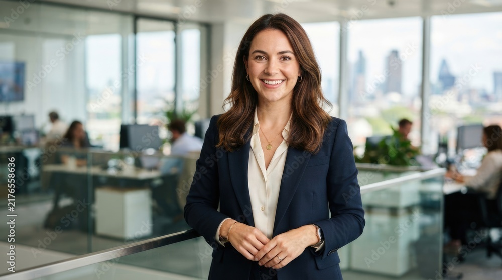 Obraz premium Confident Female Business Professional Smiling in Bright Modern Corporate Office