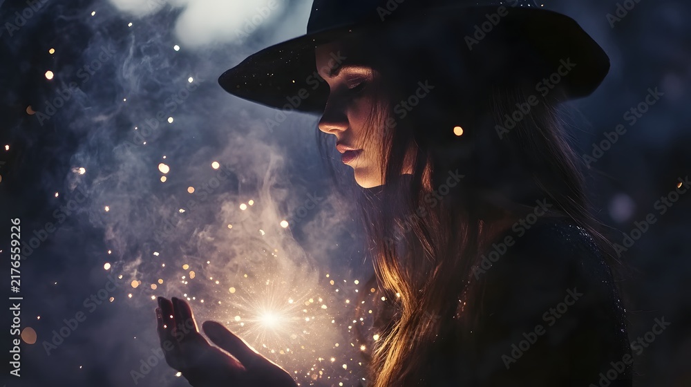 Obraz premium Young witch casting a spell with sparkles surrounding