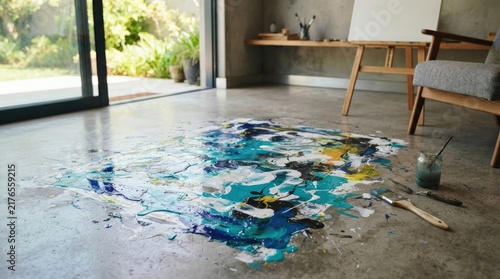 Colorful Abstract Paint Spill on Concrete Floor Inside Bright Contemporary Artist Studio