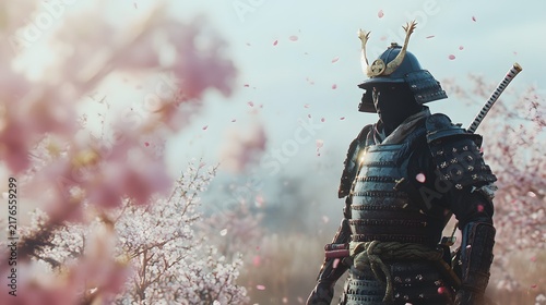Samurai warrior standing on a battlefield with cherry