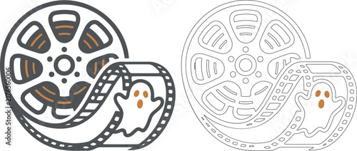 Film reel icon with a spooky ghost character on the movie strip for halloween cinema design