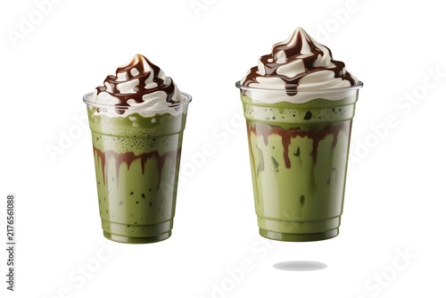 Green Matcha Mocha Frappe with Whipped Cream and Chocolate Drizzle in Plastic Takeaway Cup on Transparent Background