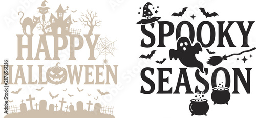 Happy halloween and spooky season text designs with ghosts bats pumpkins and witch hats icons