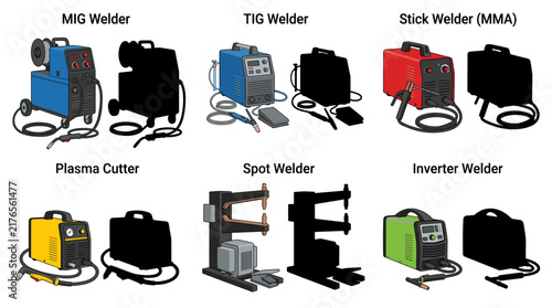 Collection of Welding Machine Vector Illustrations Featuring MIG Welder, TIG Welder, Stick Welder, Plasma Cutter, Spot Welder and Inverter Welder Isolated on White Background