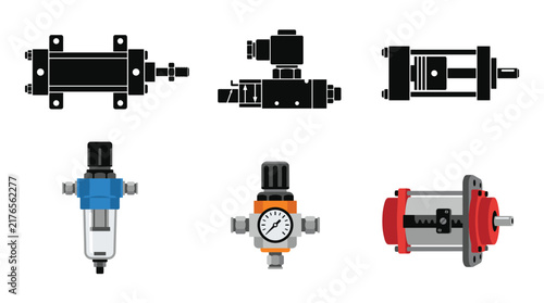 Collection of Pneumatic Equipment Vector Illustrations Featuring Air Cylinder, Pneumatic Valve, Air Motor, Air Filter, Pressure Regulator and Pneumatic Actuator Isolated on White Background