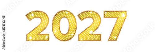 Obraz na płótnie 2027 Happy New Year gold marquee number. Retro illuminated 3D typography with glowing light bulbs and sparkles, isolated on white background
