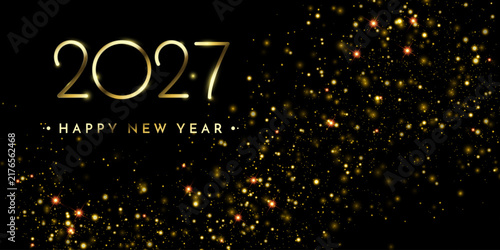 Obraz na płótnie 2027 Happy New Year luxury background. Golden typography and sparkling glitter wave on black backdrop. Elegant holiday greeting banner vector