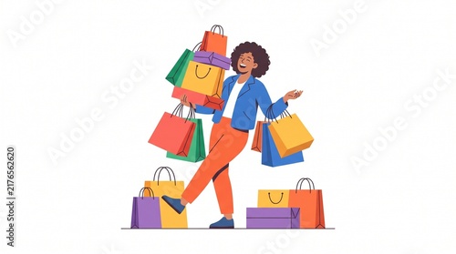 Happy woman with many shopping bags full of purchases, enjoying a successful shopping spree