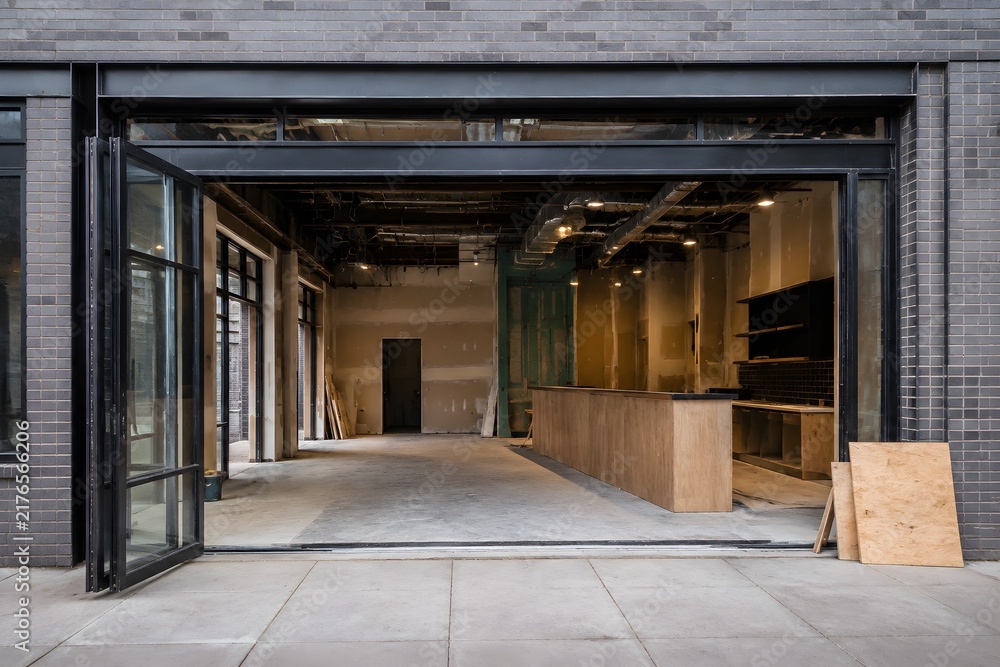 Fototapeta premium Cafe Storefront Construction With Renovated Masonry Opening New Frame Inserts And Unfinished Interior Behind Facade