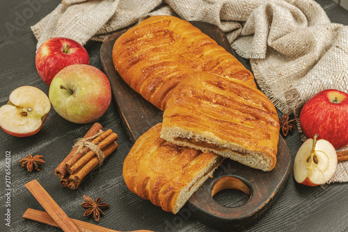 Autumn apple pie. Homemade baking, sweet dessert, ripe fruits and cinnamon. Comfort food concept