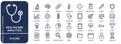 Set of healthcare analytics icons featuring medical equipment, data charts, and laboratory tools in a minimalist line style