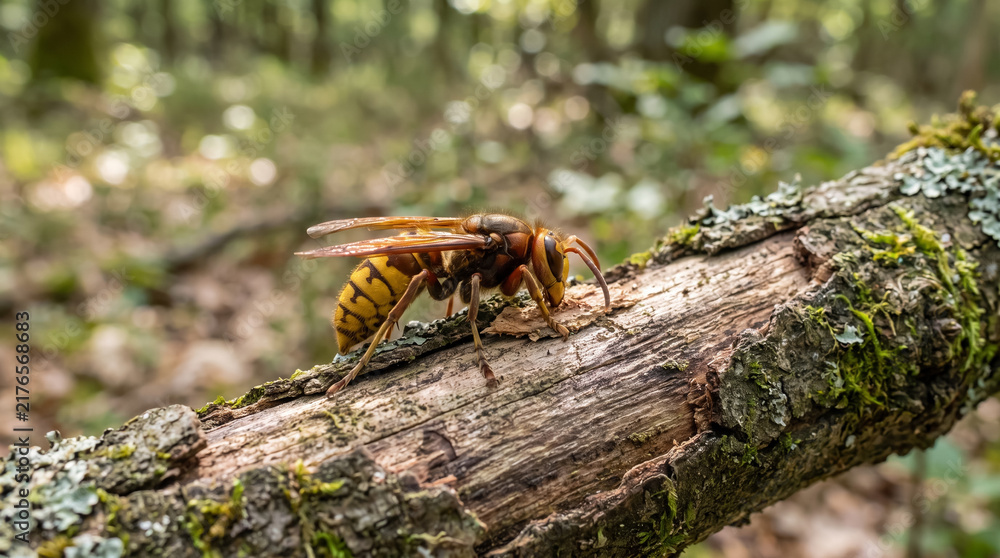 Obraz premium European hornet crawling on tree branch in forest macro view of dangerous stinging insect in wild nature. Concept of wasp, vespa crabro, close up, danger. Copy space.