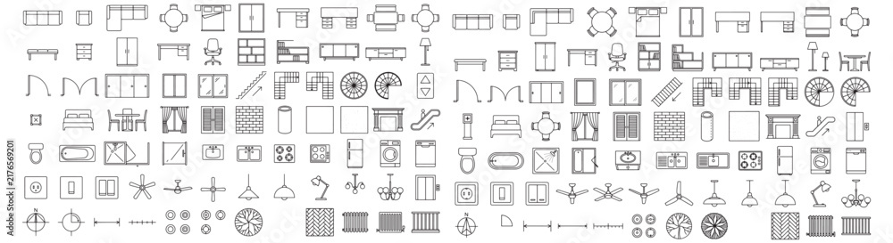 Obraz premium Floor Plan Symbols and Architectural Furniture Icons for Interior Design, Layouts and Blueprints